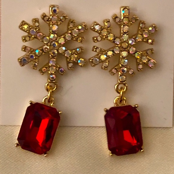 Betsey Johnson Gold Tone Snowflake & Red Square Crystal Drop Earrings NWT - Picture 2 of 9